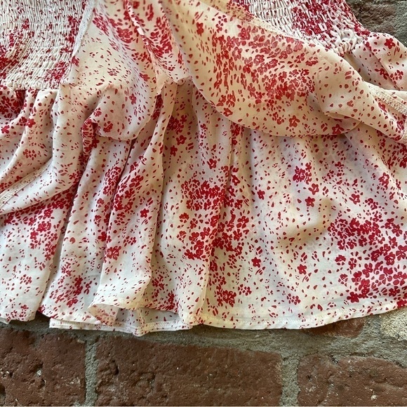 Princess Polly Cream & Red Floral Sheer V-Neck Wide Smocked Waist Mini Dress 8 - Picture 9 of 16